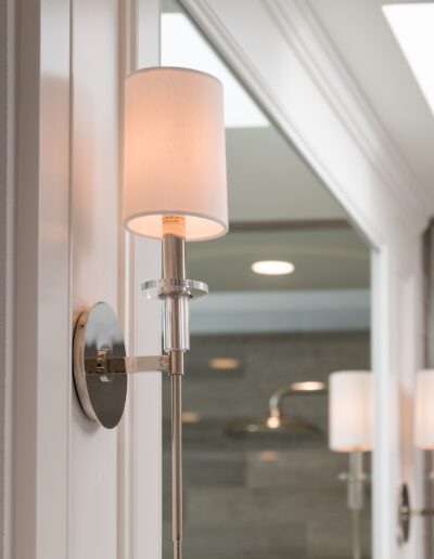 A light fixture in a bathroom with a mirror.