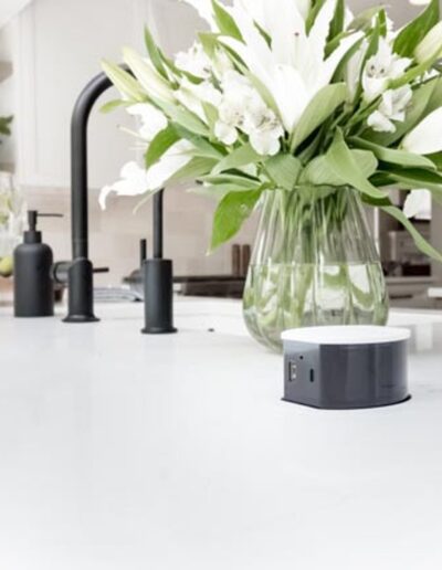 A modern kitchen with a white countertop, featuring a bouquet of white lilies in a glass vase, a black faucet, and a small electronic device placed on the surface.